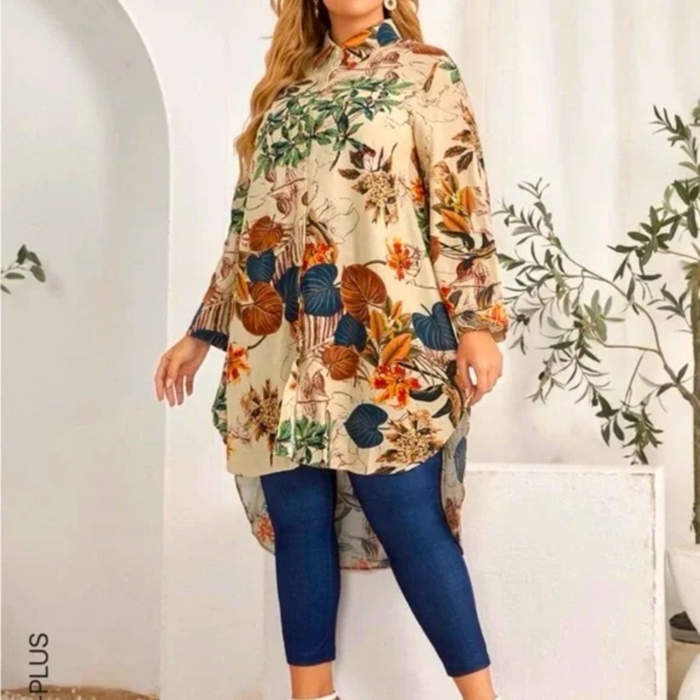 Floral Print Dip Hem Tunic Blouse